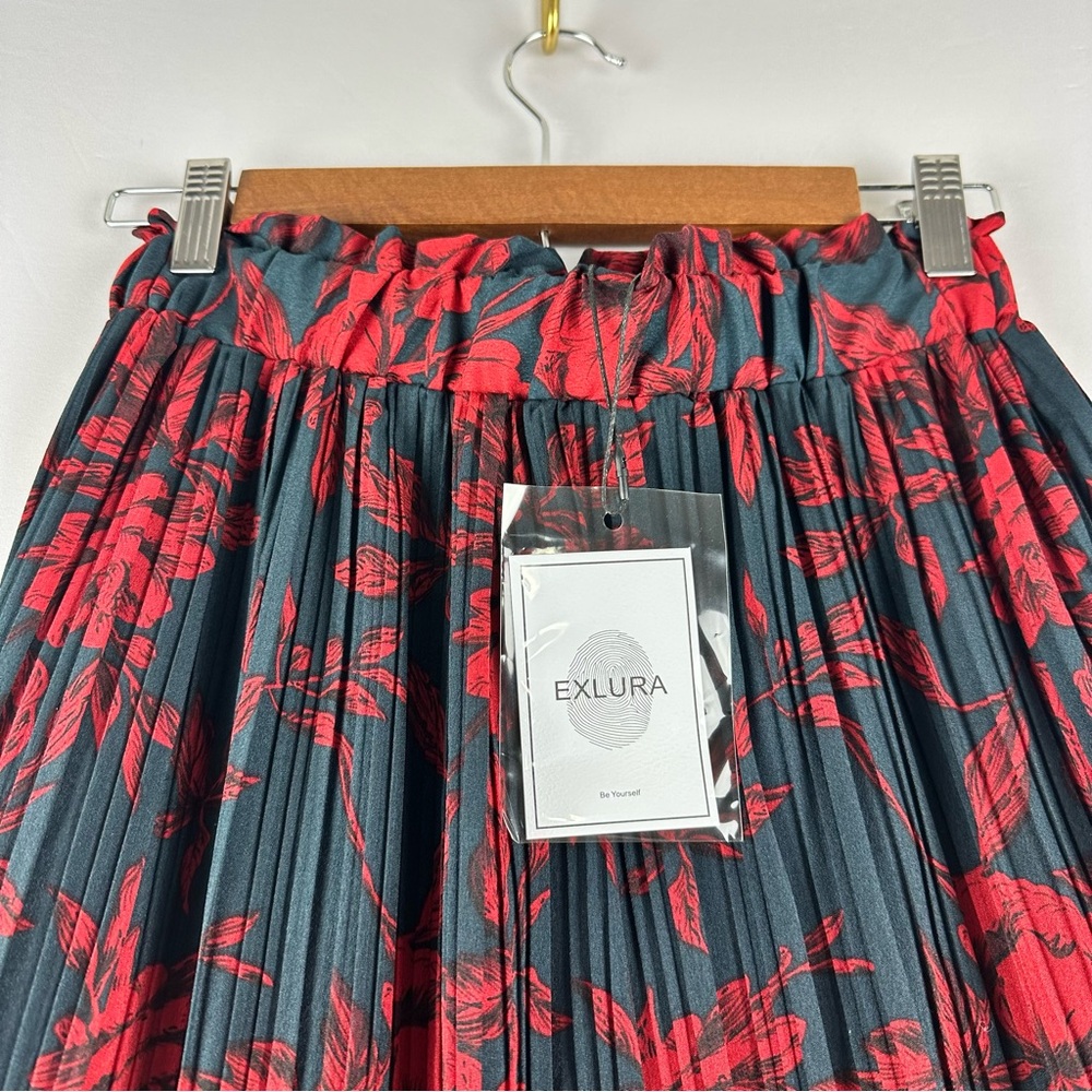 EXLURA Women Floral Pleated Flowy Side Pocket Midi Skirt Red Navy - Picture 6 of 15